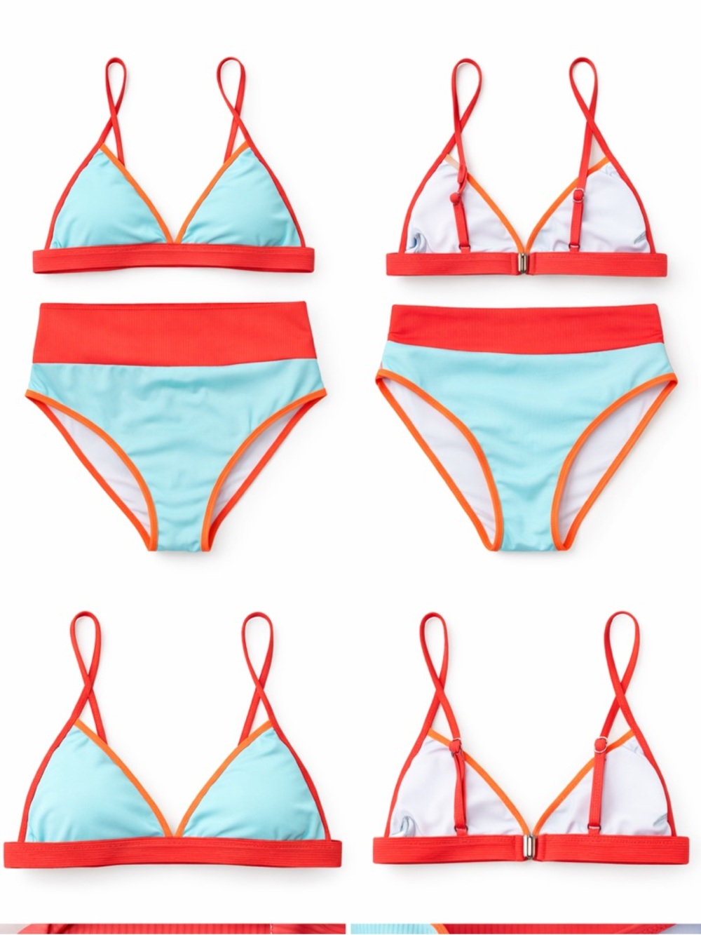 Colorblock High Waist Bikini Set Coral & Turquoise Ribbed Size Small - Picture 2 of 6